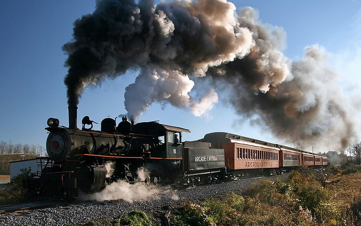 black and brown train, railway, vehicle, steam locomotive, smoke, HD wallpaper