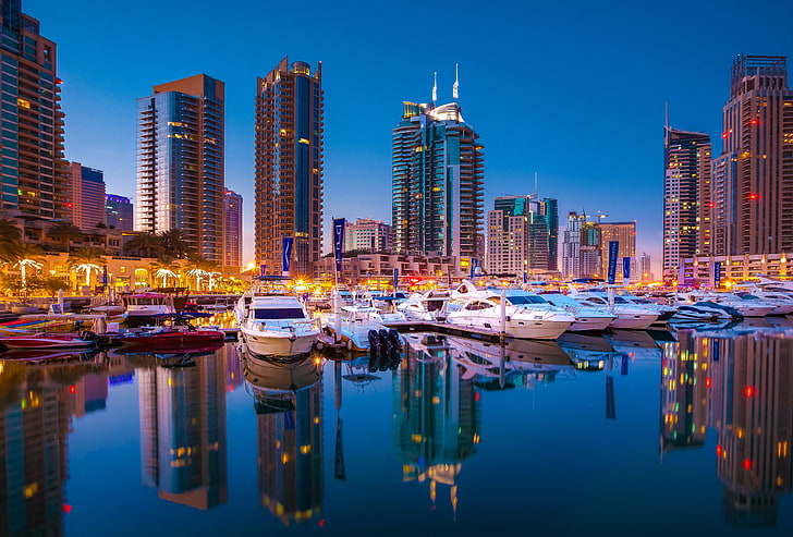 Skyline, Cityscape, Dubai Marina, water, building exterior, HD wallpaper