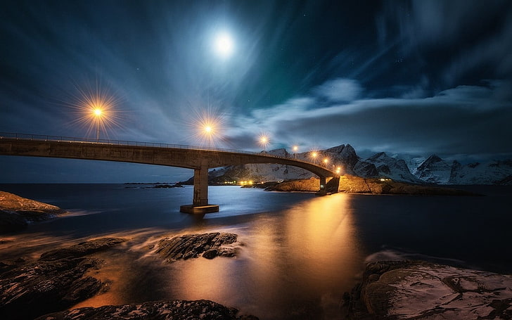 gray concrete bridge, nature, landscape, night, lights, Moon, HD wallpaper