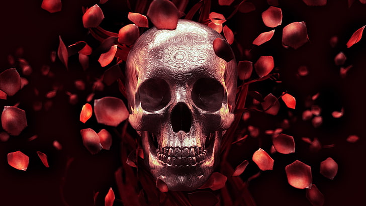 rose, petal, skull, hd, artwork, behance