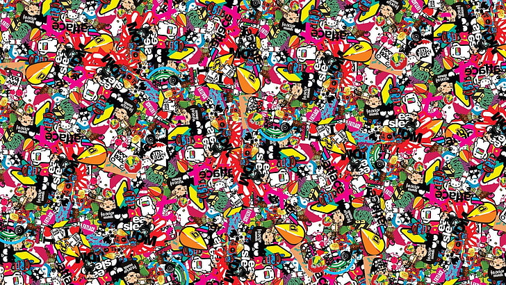 multicolored art illustration, Sticker Bomb, sticks, bombs, multi colored