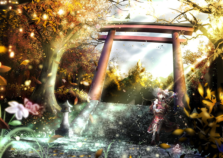 female animated character digital wallpaper, red tori gate illustration