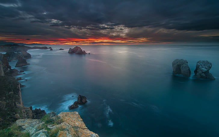 Nature, Landscape, Sunset, Sea, Clouds, Rock, Spain, Coast, Calm, Sky
