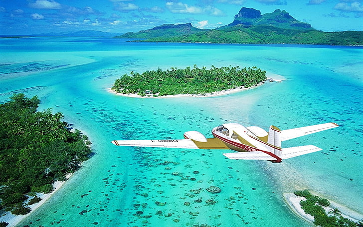 tropical island airplane sea bora bora, water, beach, tranquil scene, HD wallpaper