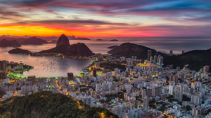 sky, city, rio de janeiro, cityscape, skyline, brazil, sugarloaf mountain, HD wallpaper