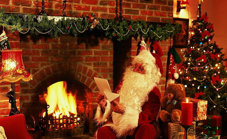 new year, christmas, santa claus, letter, gifts, fireplace, christmas tree, teddy bear, candle