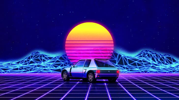 car, Retro car, cyber, peugeot 205 GTI, Retro Wave, HD wallpaper