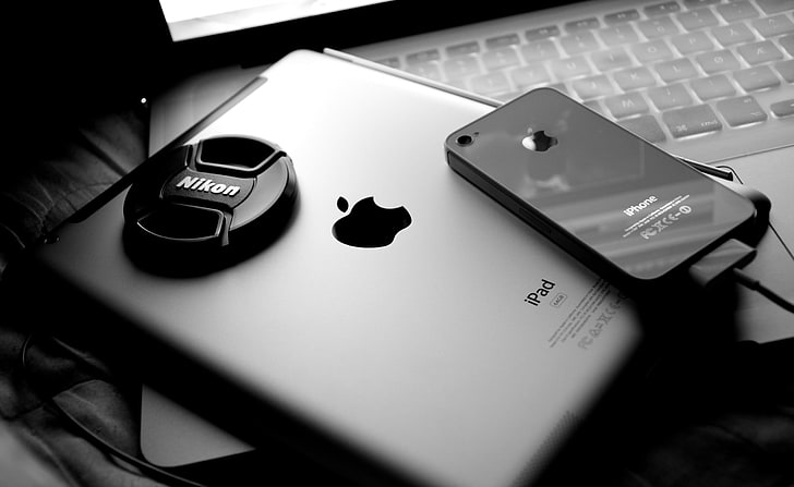 silver iPad and iPhone 4, Apple Inc., Nikon, technology, MacBook