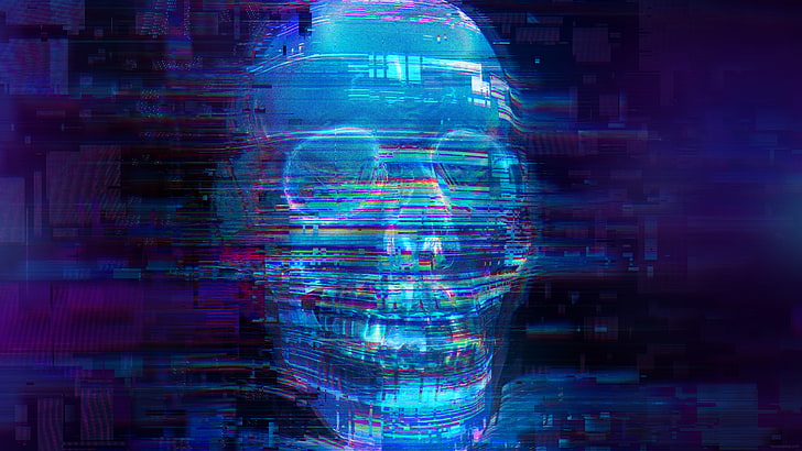 Skull, Infrared, Fear, Neon, Blue, 5K