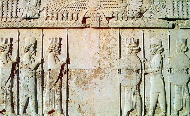 Persepolis-The Persian Soldiers, concrete hieroglyphs, Asia, Iran, HD wallpaper
