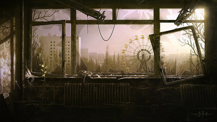 ferris wheel, abandoned, Pripyat, ruins, broken glass, apocalyptic