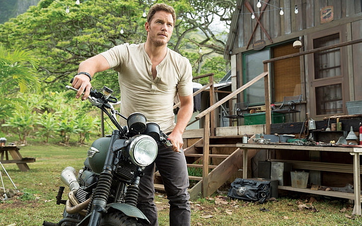 Chris Pratt, men, actor, Jurassic World, movies, motorcycle, HD wallpaper