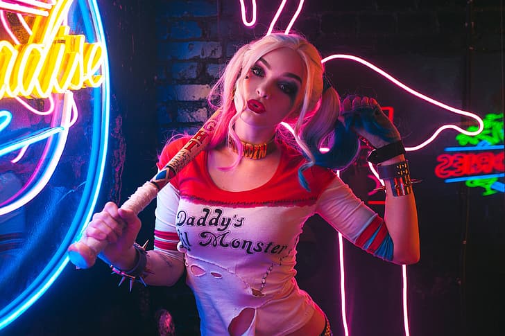 girl, pose, neon, cosplay, baseball bat, Harley Quinn, Sergey Rodichkin