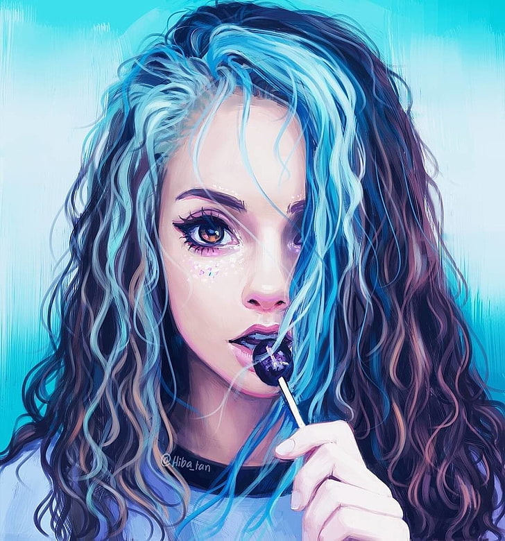 artwork, drawing, blue background, blue hair, lollipop, women