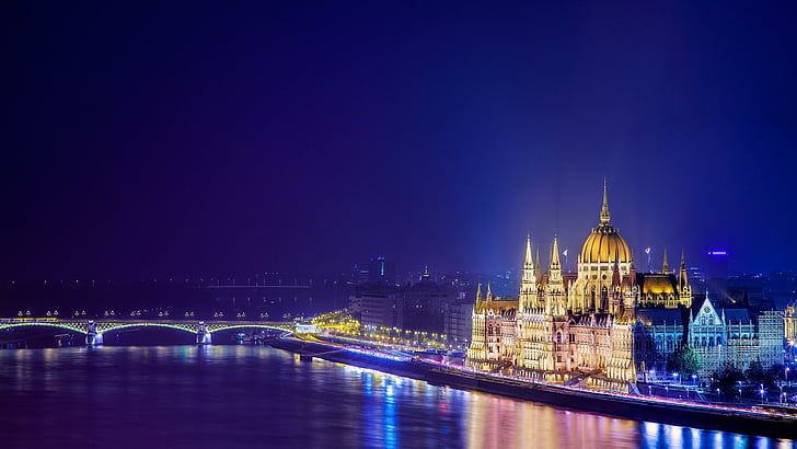 hungary, budapest, parliament, danube, river, bridge, night, HD wallpaper