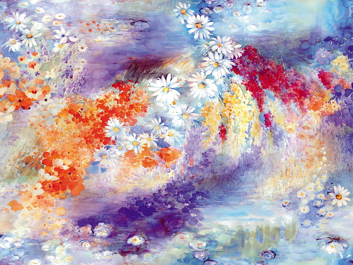 white flowers painting, patterns, lines, bright, colors, backgrounds
