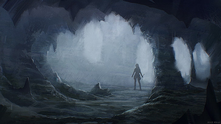 white and black house painting, cave, rocks, Tomb Raider, fan art