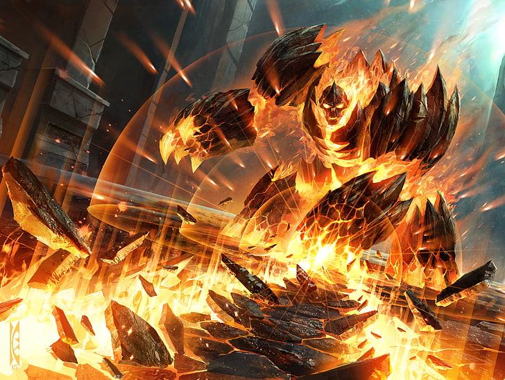 Golem from Dota 2, fire, map, being, art, WoW, World of Warcraft, HD wallpaper