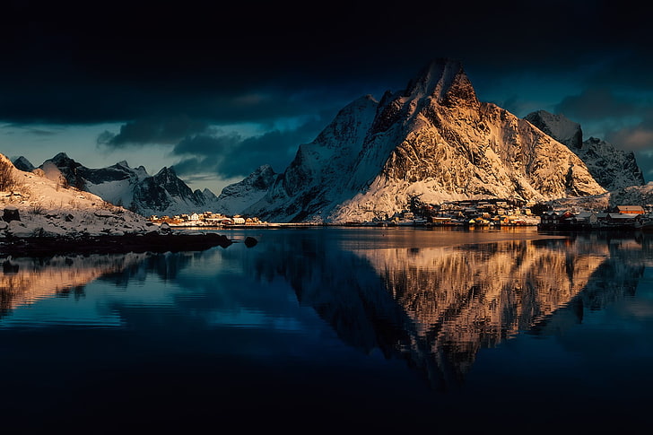 white snowy mountain, mountains, Lofoten, Norway, nature, dark, HD wallpaper