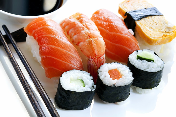 sushis and tempura, rolls, rice, nori, japanese food, fish, seafood, HD wallpaper