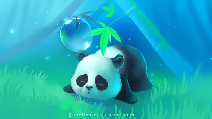 white and black panda illustration, grass, tree, lights, sleeping