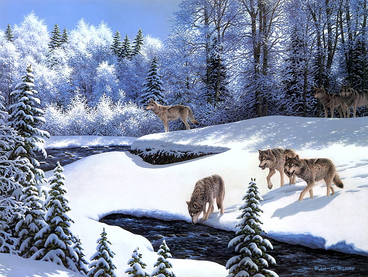pack of brown wolves painting, winter, frost, animals, snow, river