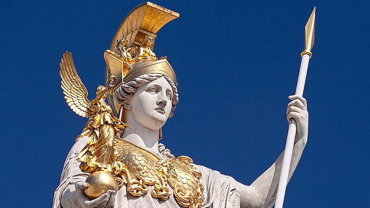 the sky, sunlight, the statue of the goddess Pallas Athena
