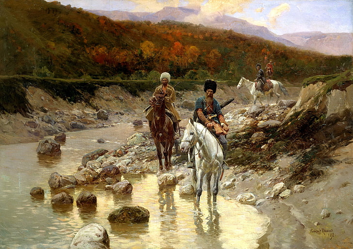 two man riding horse in lake painting, picture, Cossacks, ROUBAUD Franz