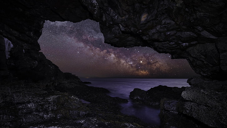 cave beside water wallpaper, nature, night, stars, Milky Way, HD wallpaper