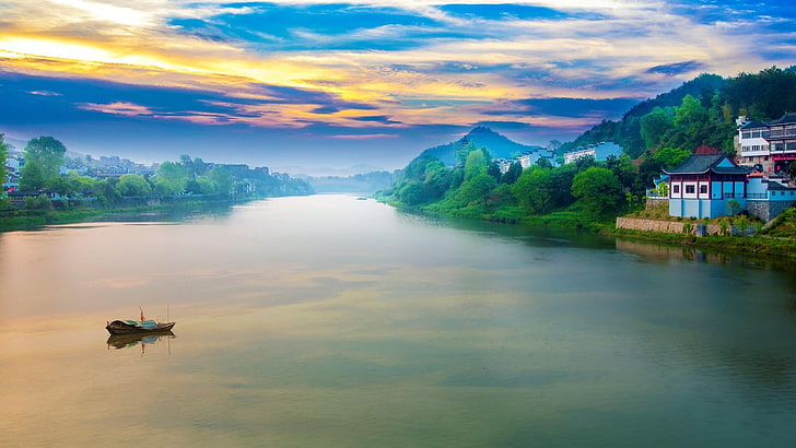 river, zhejiang, china, hangzhou, asia, village, xinan river