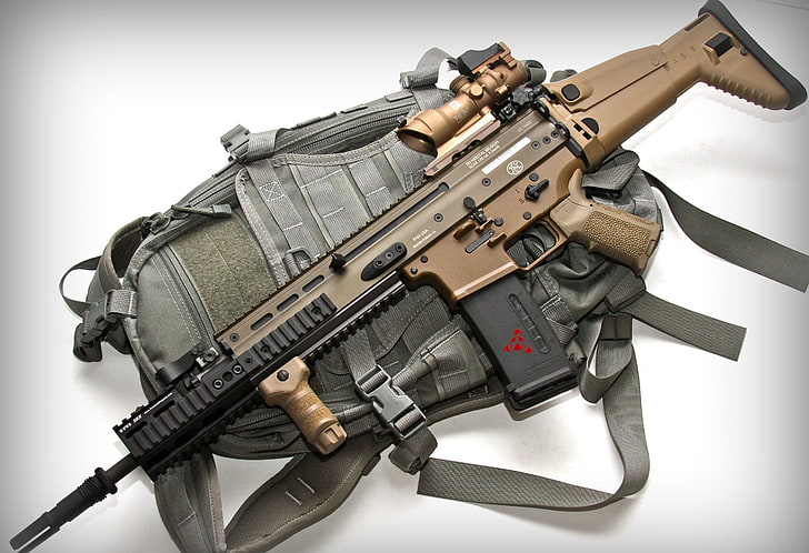 black and brown rifle and brown backpack, weapons, optics, fn scar 16s