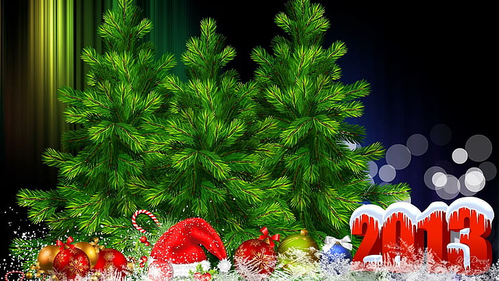 New Year Surprise, decorations, bows, pine, christmas, balls, HD wallpaper