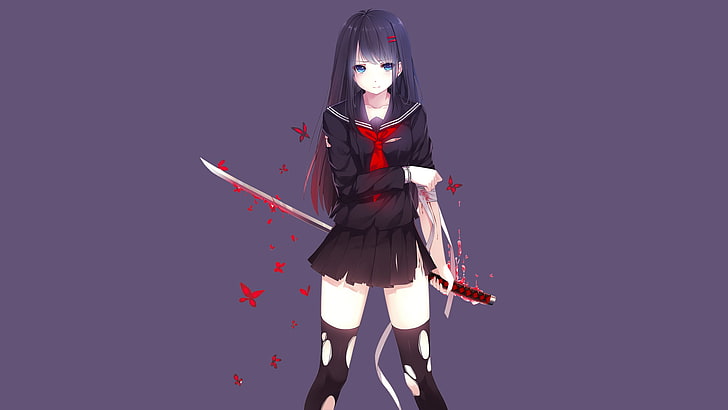 woman holding sword wallpaper, anime girls, school uniform, original characters