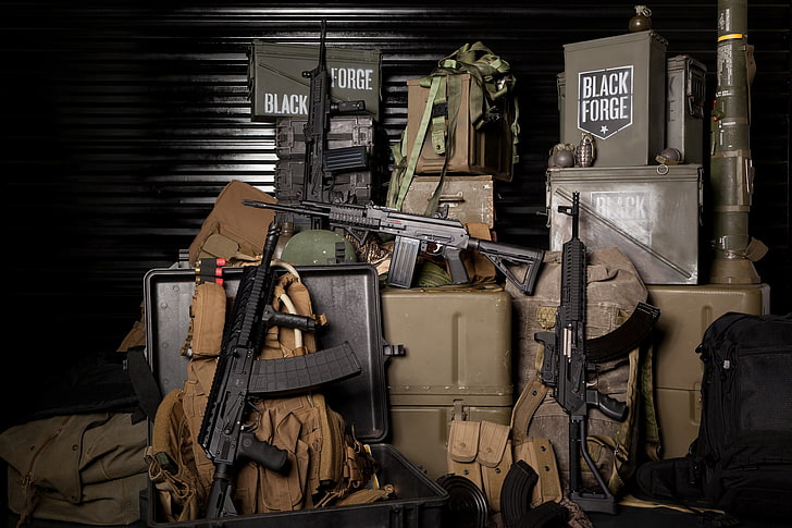 four black assault rifles, weapons, composition, boxes, bags