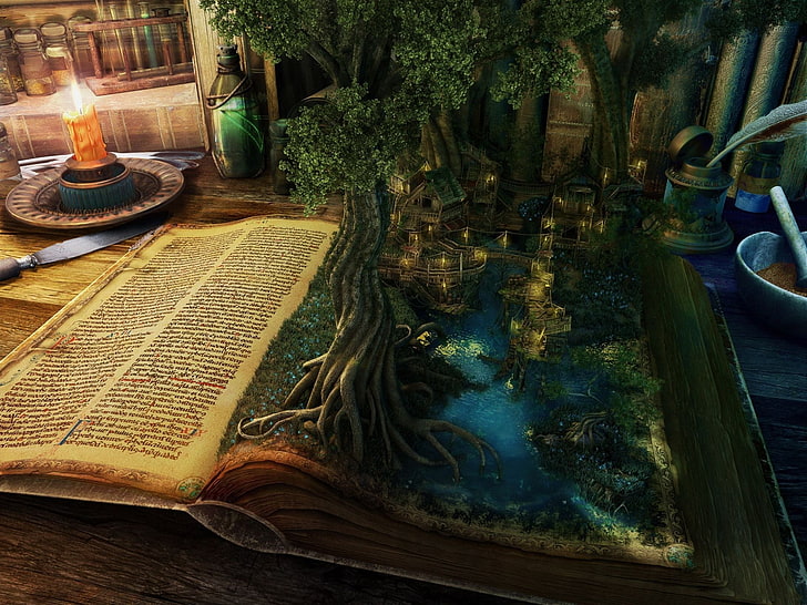 fantasy art, books, trees, artwork, candles, table, water, plant