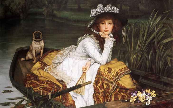 artwork, painting, women, dog, boat, hat, James Tissot, classic art