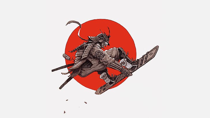 red, samurai, Japan, snowboard