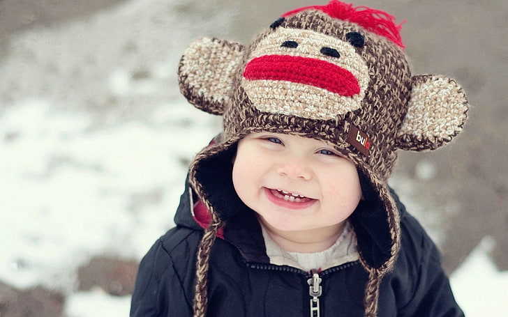 Mood Child Boy Smile, toddler's brown sock monkey critter cap, HD wallpaper