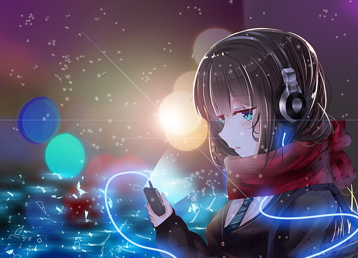 anime girls, headphones, scarf, Shibuya Rin, technology, one person, HD wallpaper