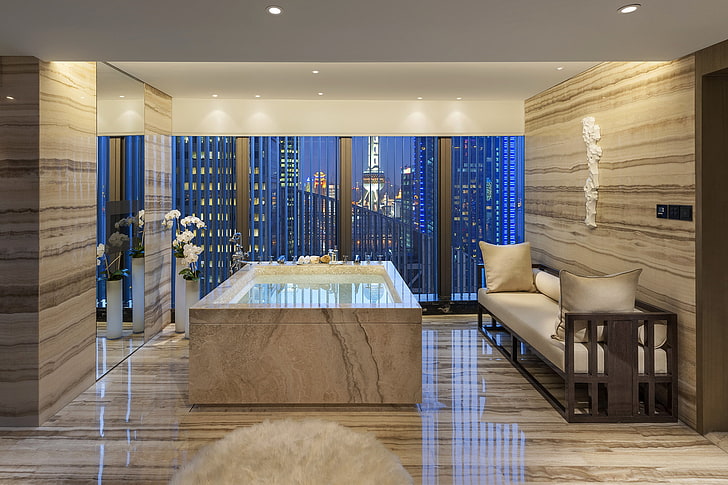 gray bathtub, flowers, design, the city, style, view, interior, HD wallpaper