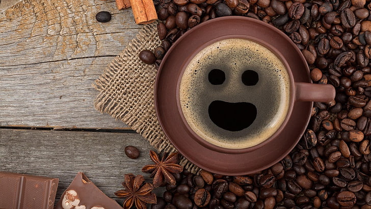 coffee, cup, breakfast, grain, smiley, chocolate, food, adorable, HD wallpaper
