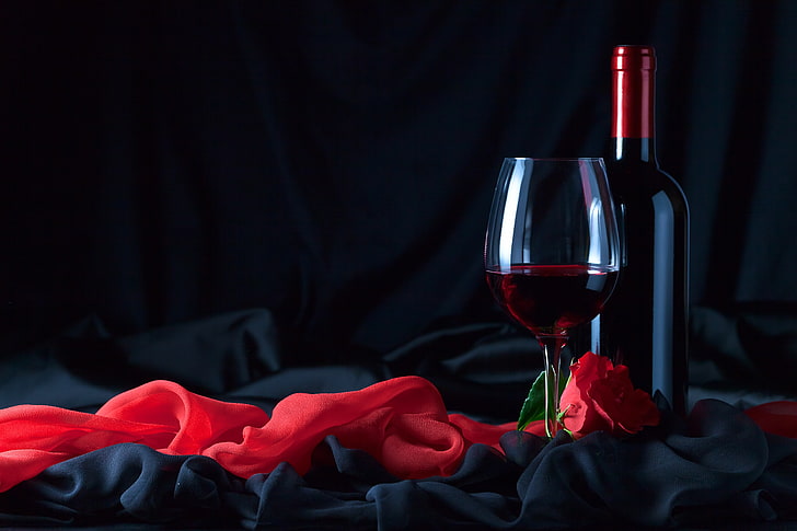 flower, wine, glass, rose, bottle, fabric, black, red, HD wallpaper