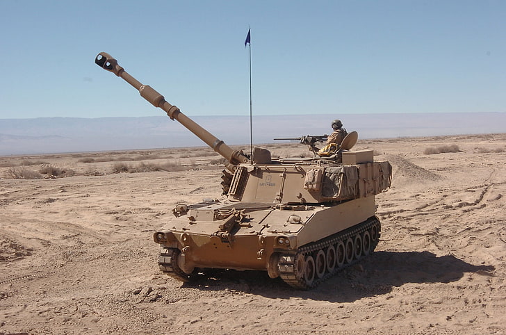 brown metal military tank, desert, installation, self-propelled
