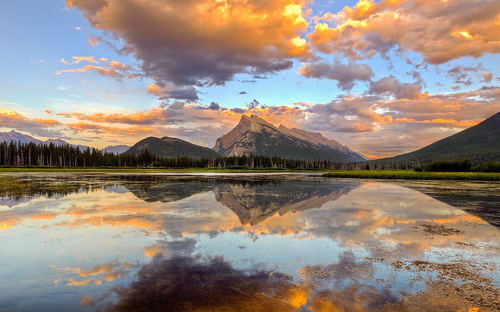 nature, landscape, mountains, clouds, reflection, lake, Banff