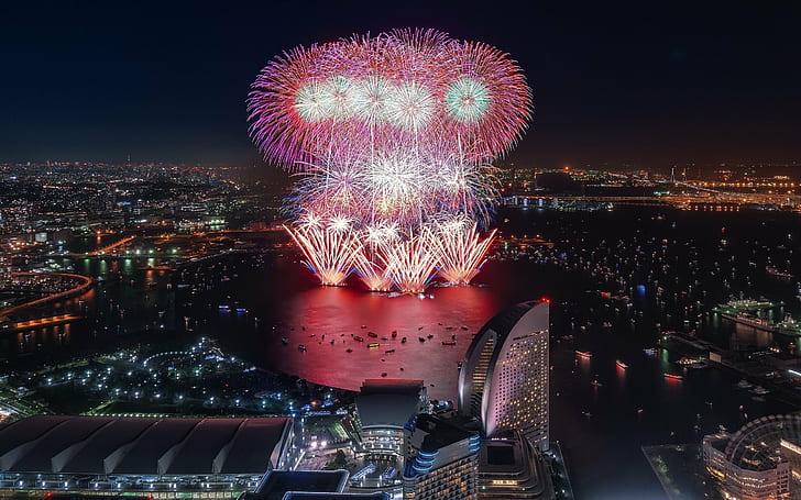 2560x1600 px city Cityscape Fireworks Japan night Anime Other HD Art