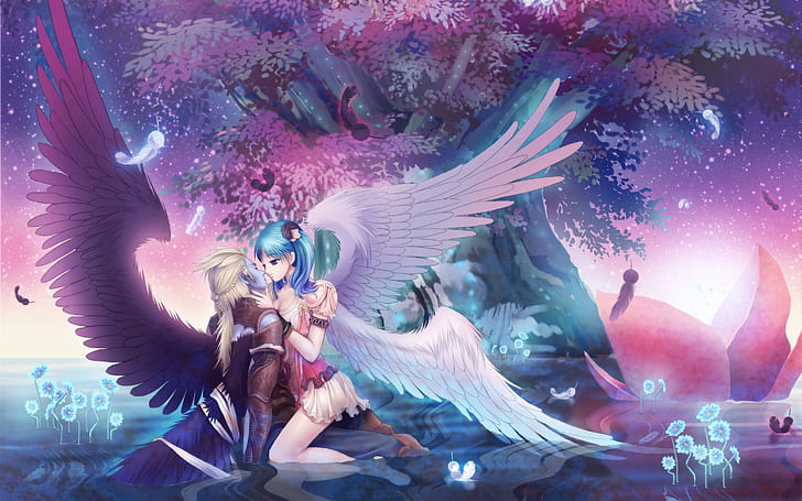 Anime girl and her lover, angel, tree, night, HD wallpaper