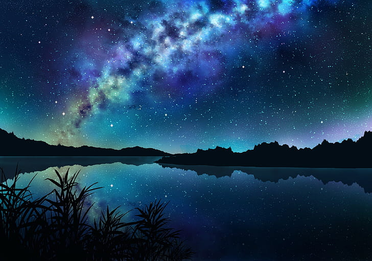 sky, stars, landscape, night, trees, dark, grass, Nobody, reflection, HD wallpaper