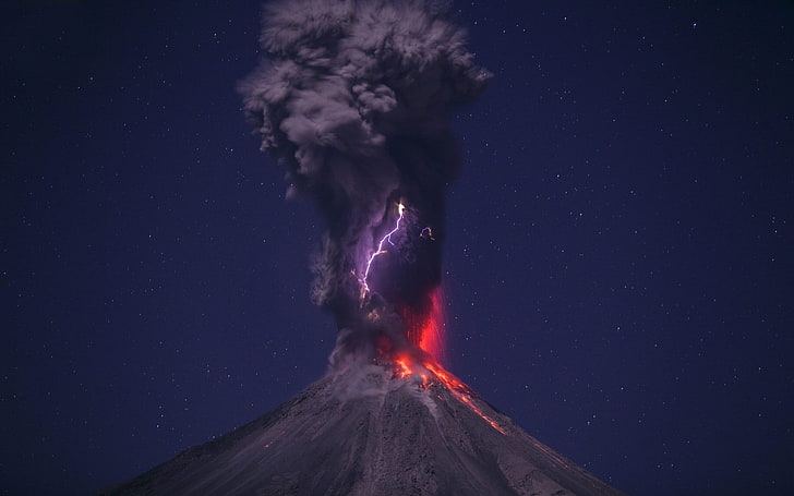 gray volcano illustration, lightning, erupting, geology, mountain, HD wallpaper
