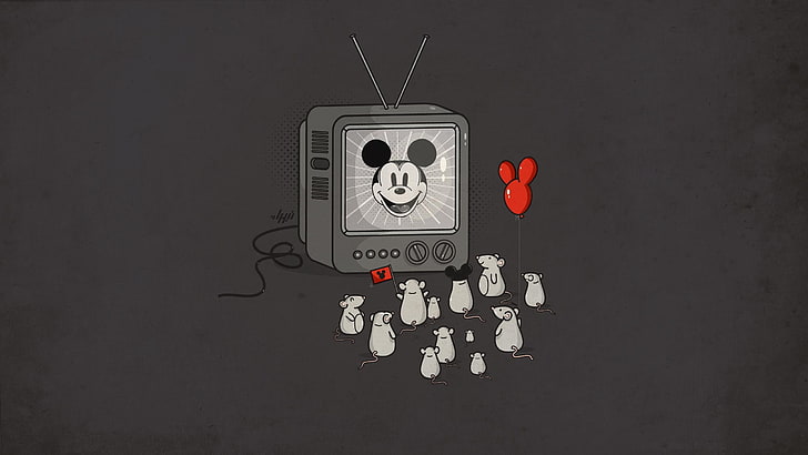 Classic Mickey Mouse artwork, mice, television sets, balloon