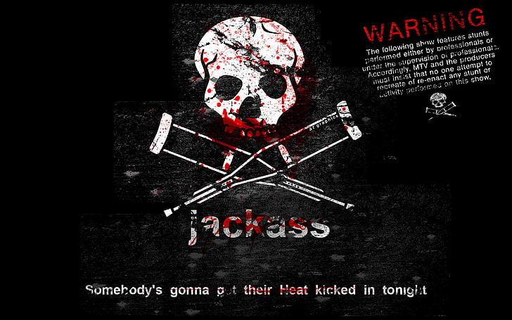 Jackass logo, blood, skull, phrase, Cranks, crutches, human Skull, HD wallpaper